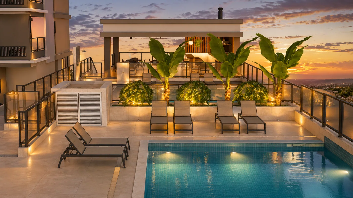 Piscina do Albor Club ao pôr do sol, imagem ilustrativa